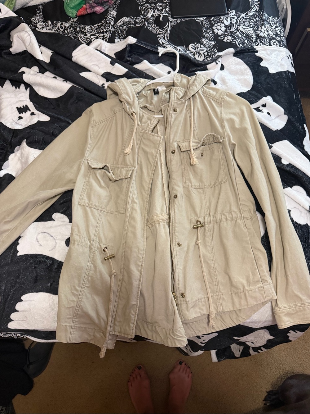 H&M Beige Hooded Utility Bomber Jacket